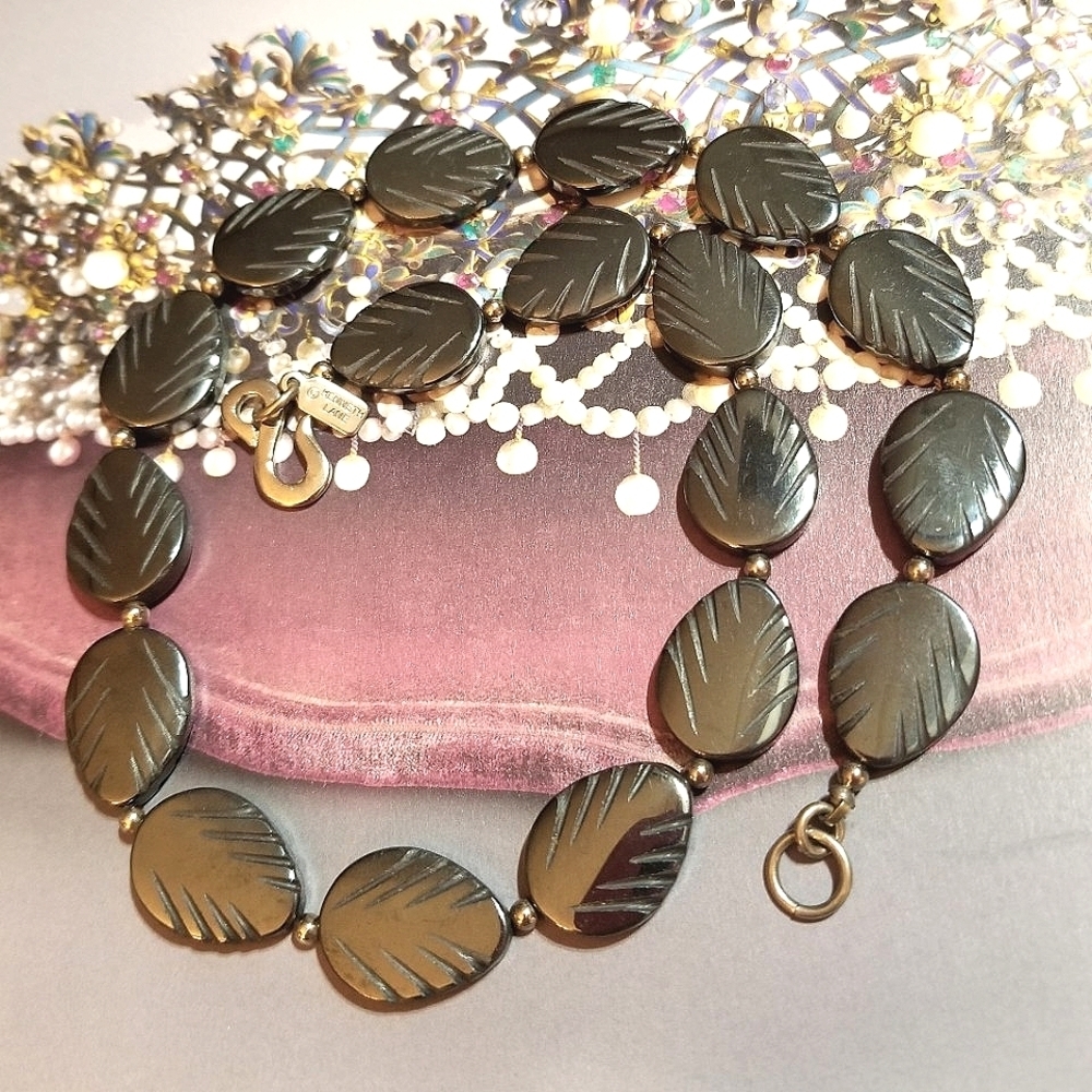 1980s Kenneth Lane Carved Hematite Leaf Necklace